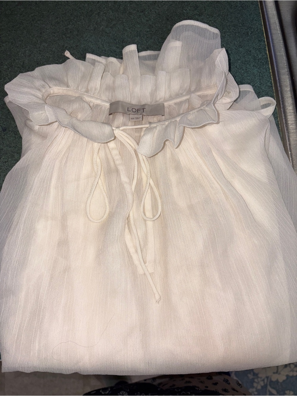 Loft Sheer White Cream Chiffon Ruffle Tie Neck Bell Sleeve Blouse Size XXL - Picture 7 of 9